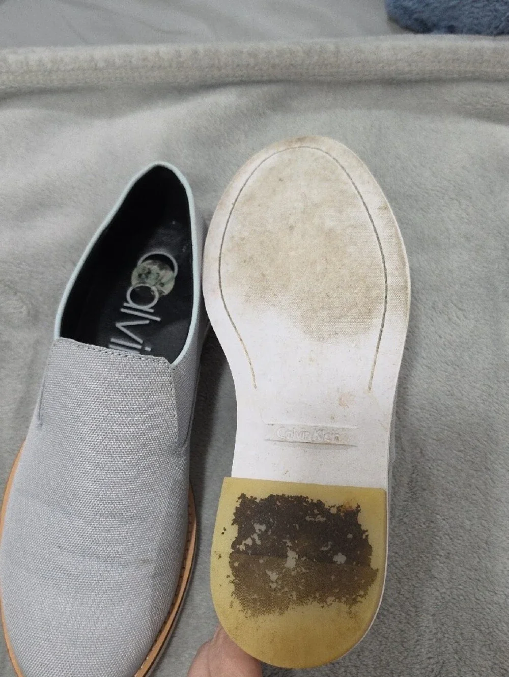 Calvin Klein Light Gray Slip-On Loafers with Tan Trim